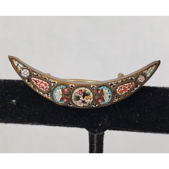 Antique Victorian Italy Micro Mosaic Cresent Moon Brass Frame Brooch Marked FAP - Picture 2 of 13